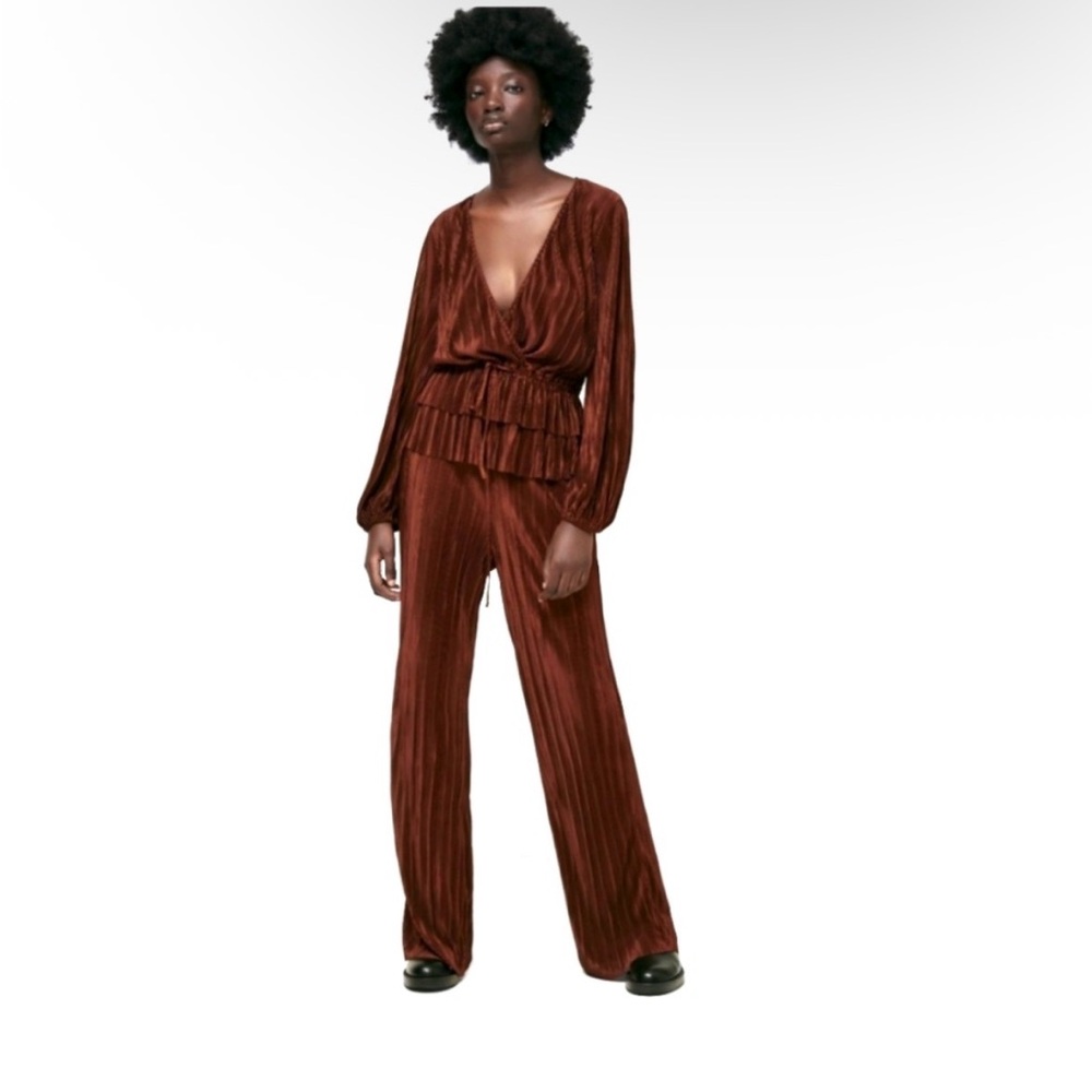 Zara Blog's Fav Brown Plisse /Pleated Top & Trousers Co Ord Set SMALL